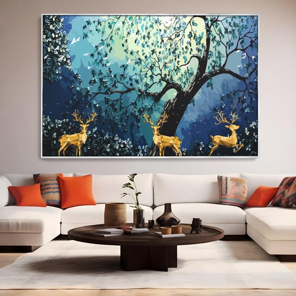 Tablou canvas cu tablou canvas cu cerbi aurii si padure nocturna, in rama de aluminiu argintiu, pe perete intr-un living